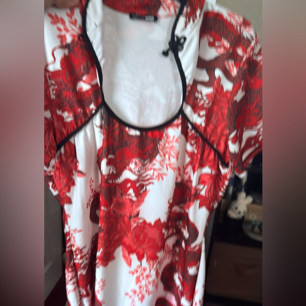 Fashion Nova Asymmetrical Dress in Red Floral on White